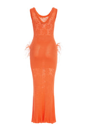 andreeva orange knit dress with feathers