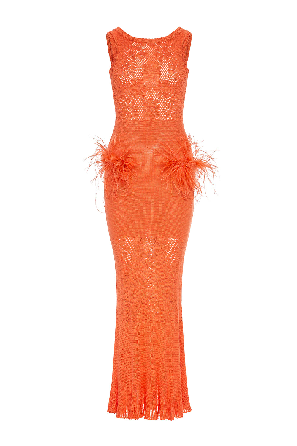 andeeva orange knit dress with feathers