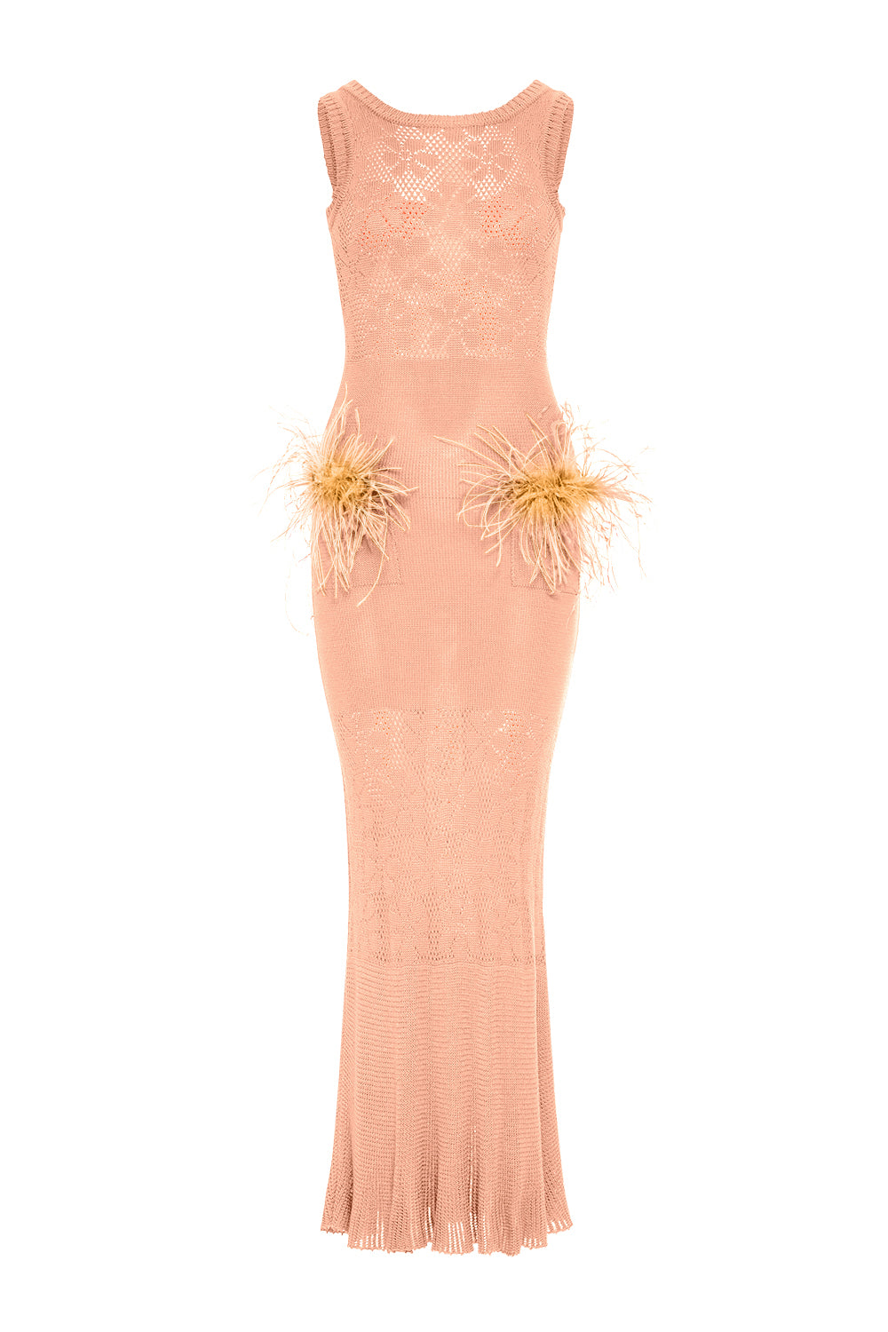 andreeva peach knit dress with feathers