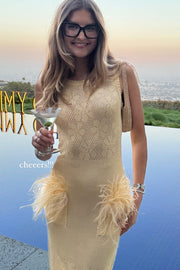 andreeva womens butter yellow knit dress with feathers