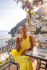 andreeva yellow knit dress with feathers