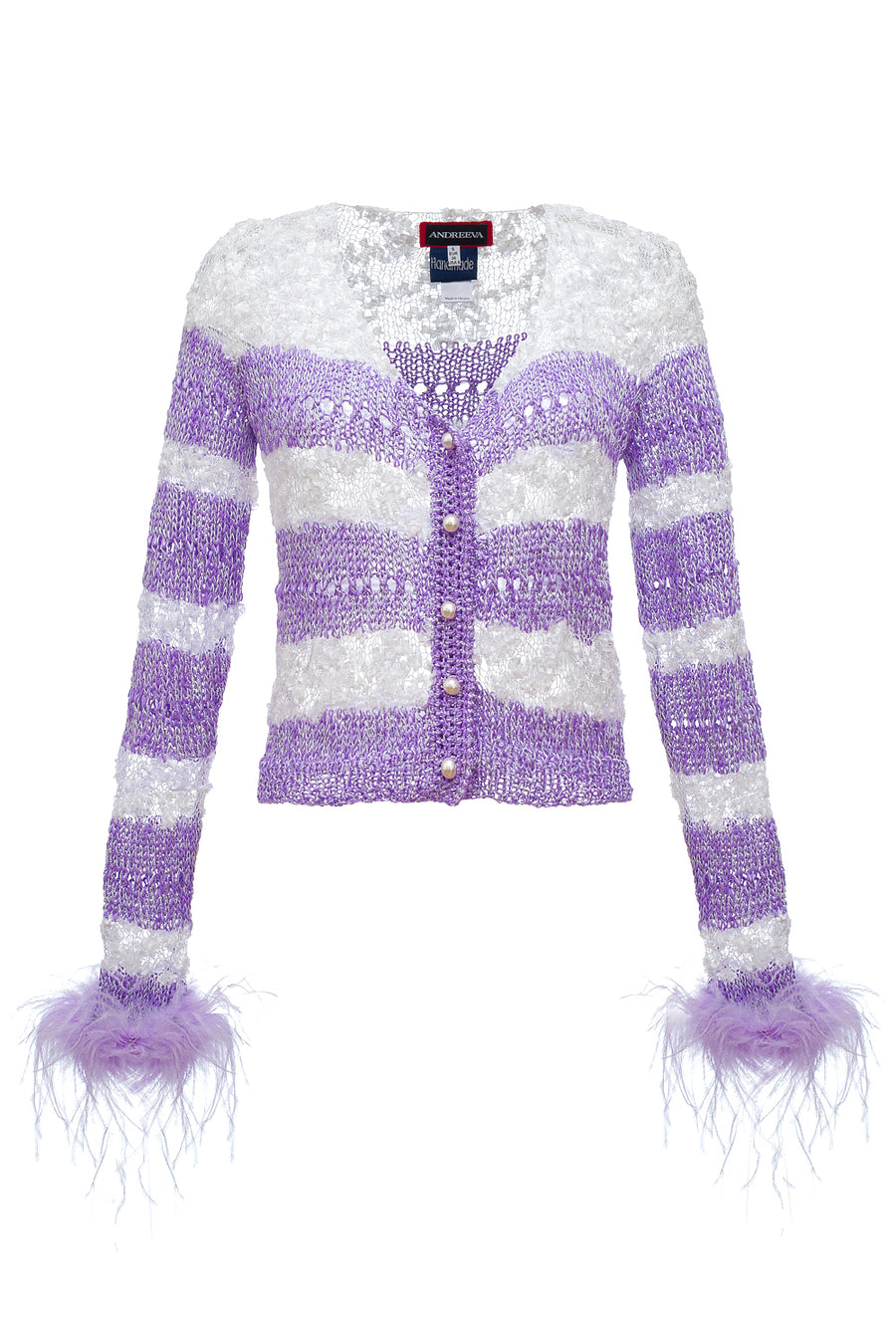 Lavender Handmade Knit Cardigan With Feather Cuffs