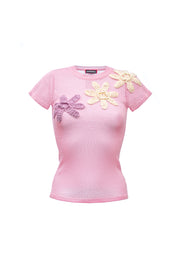 Malva Pink Knit Top With Handmade Embroidery