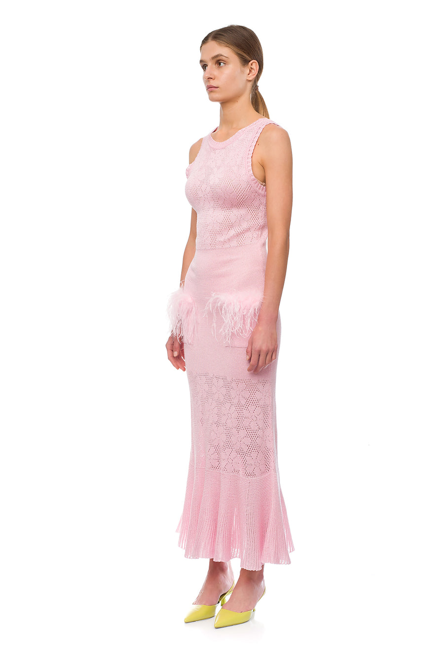 Champagne Rose Knit Dress With Feathers