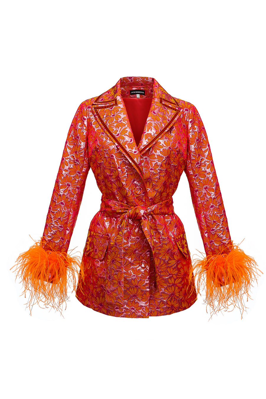 Red Jacquard Jacket With Detachable Feather Cuffs