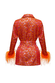 Red Jacquard Jacket With Detachable Feather Cuffs
