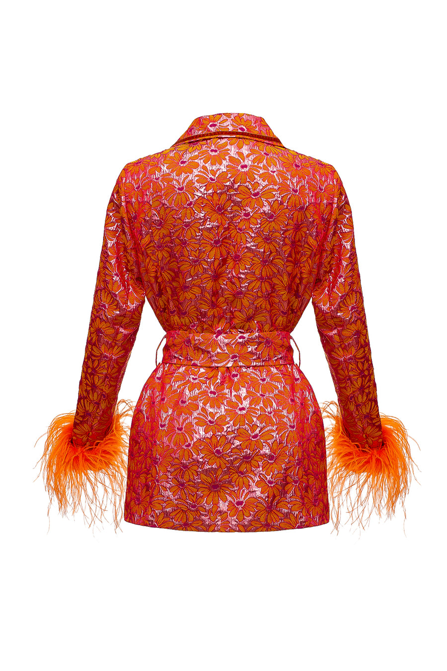 Red Jacquard Jacket With Detachable Feather Cuffs