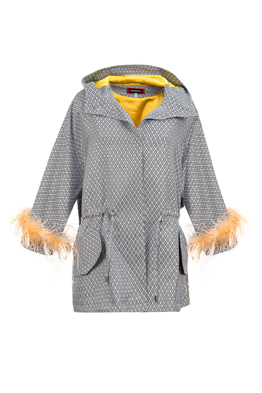 Grey parka with detachable feathers cuffs