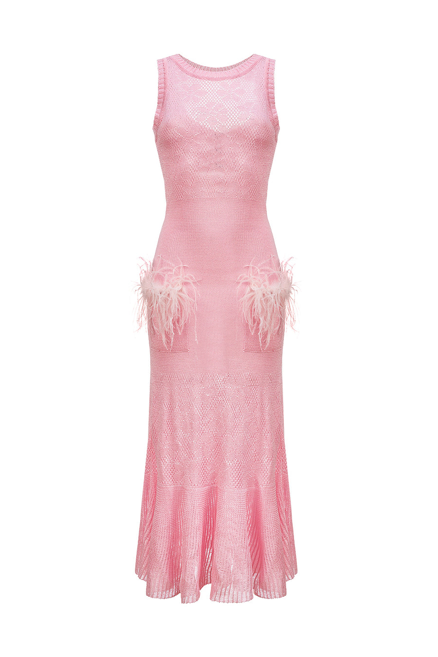 ANDREEVA | Rose Knit Dress With Real Ostrich Feather Details S / Pink ANDREEVA | Rose Knit Dress With Real Ostrich Feather Details S / Pink