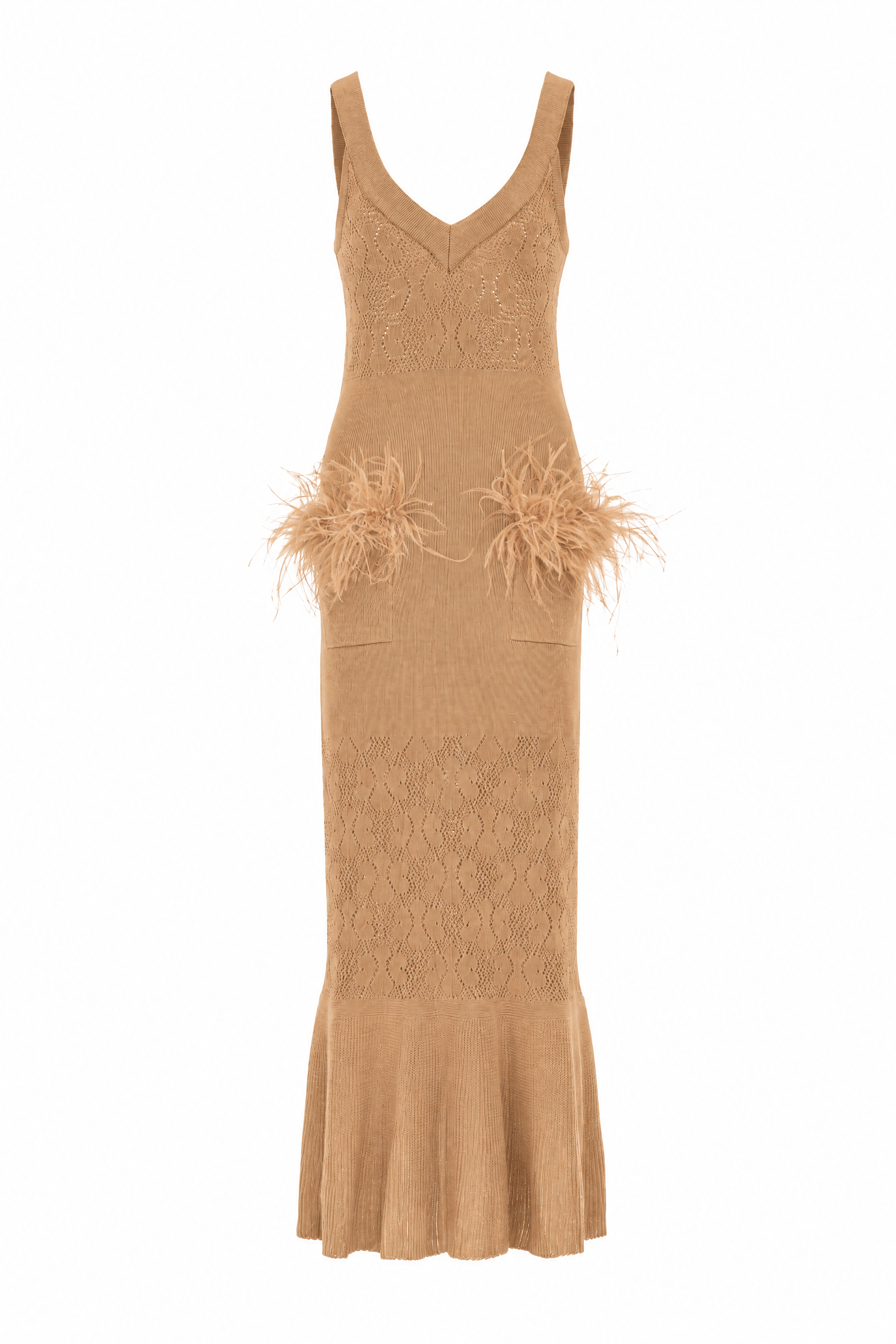 andreeva womens camel knit dress with feathers