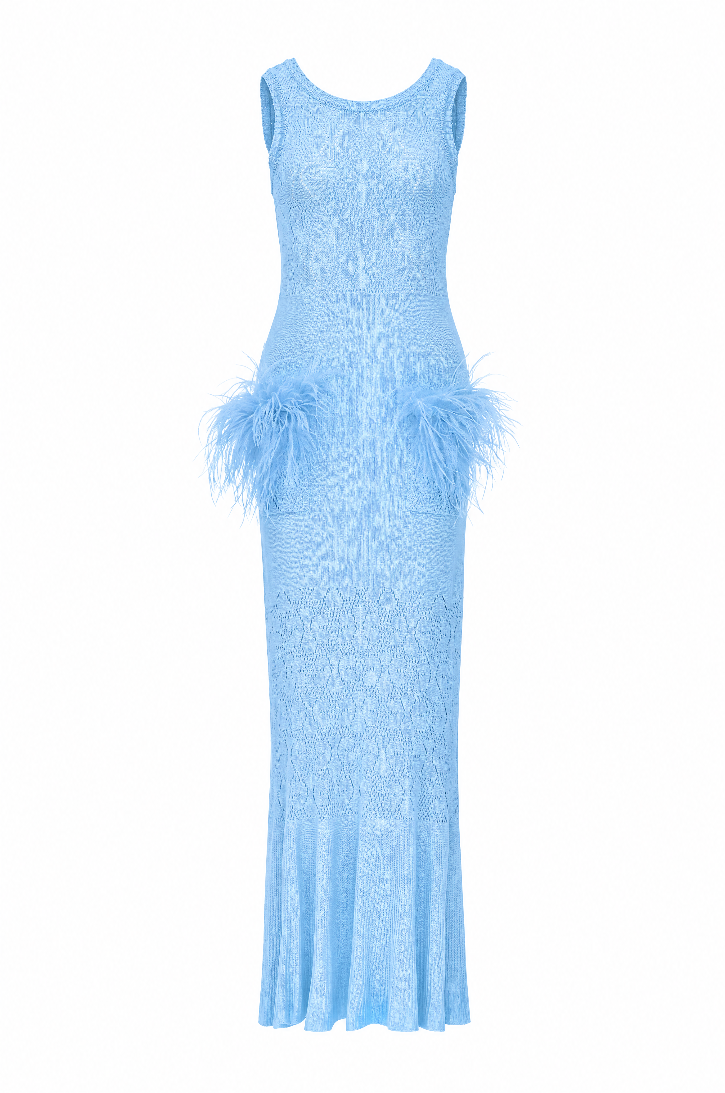 andreeva womens baby blue knit dress with feathers