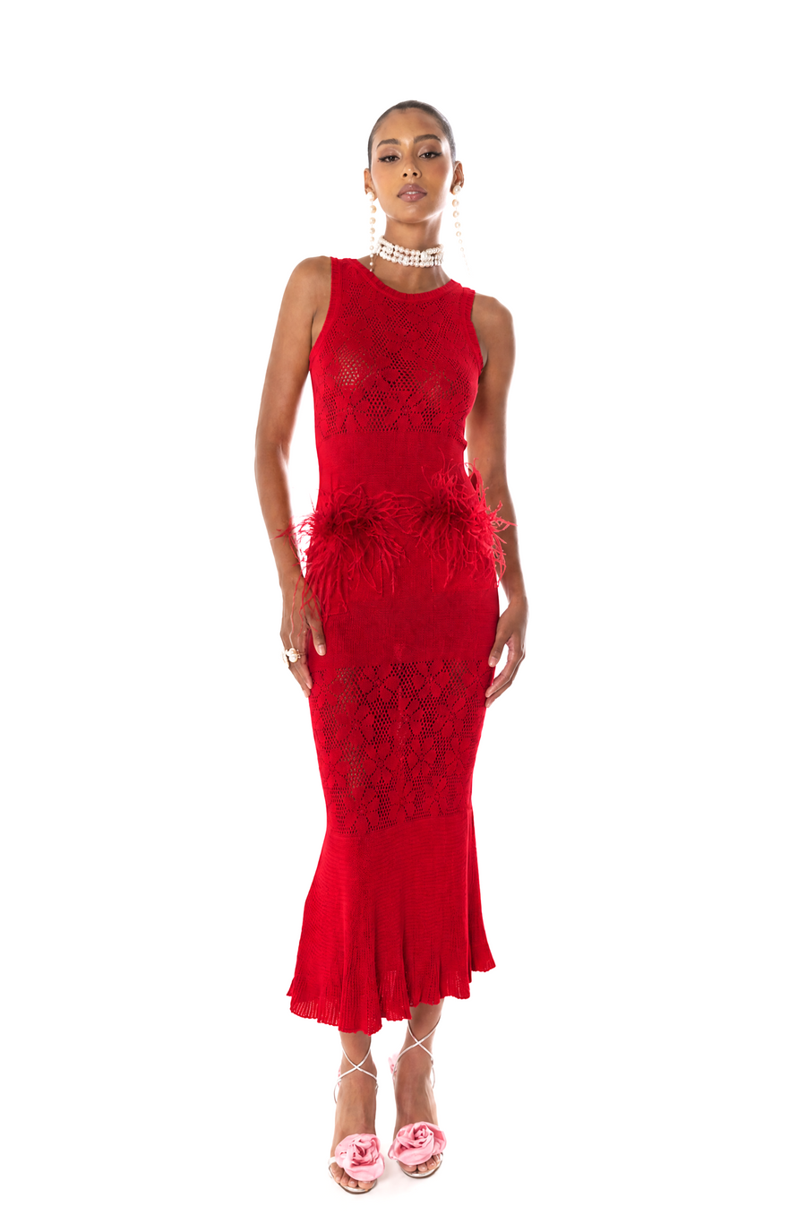 andreeva womens red knit dress with feathers