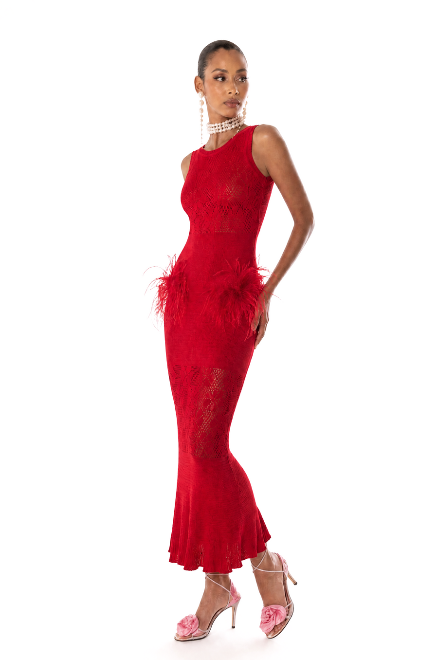 andreeva womens red knit dress with feathers