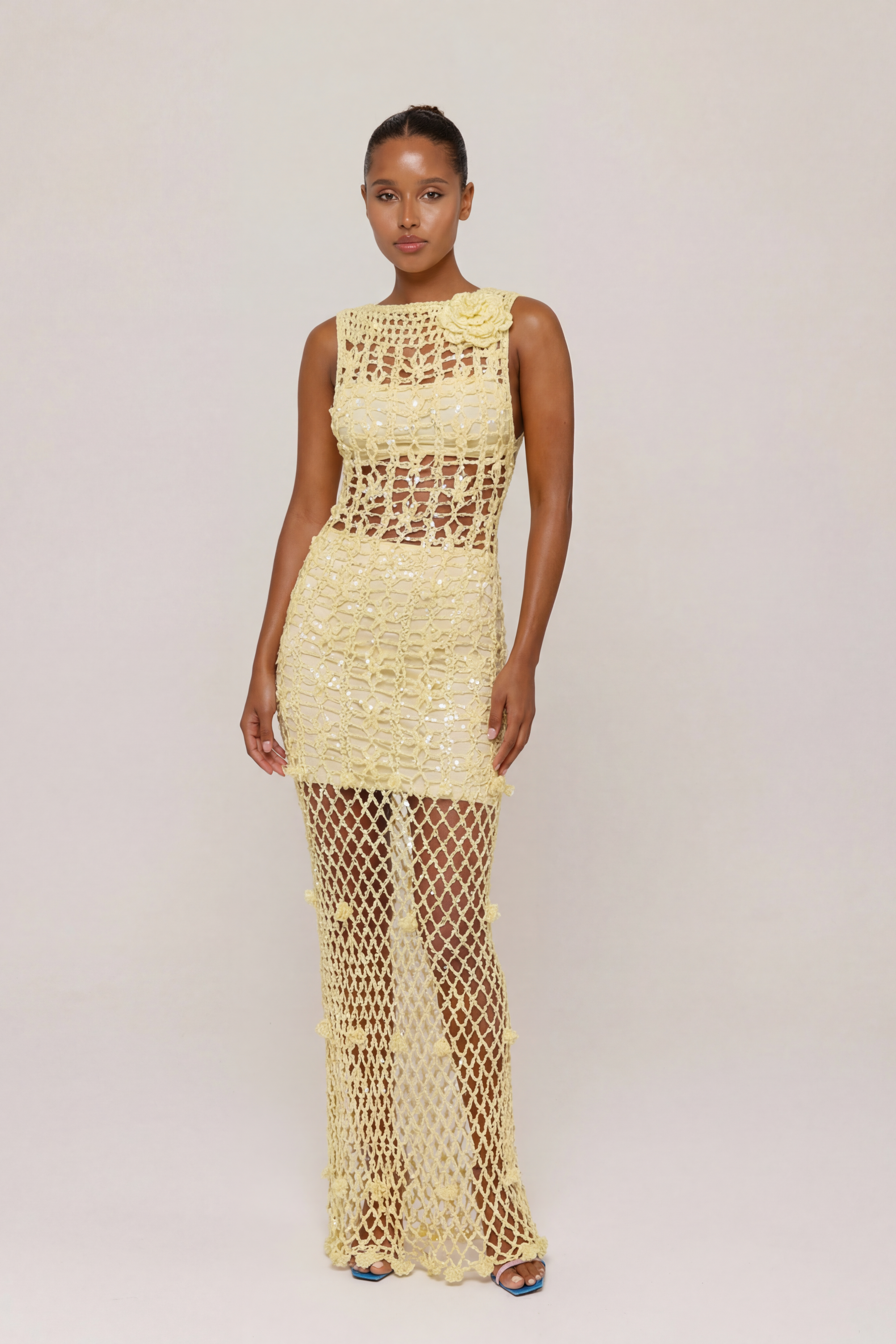 andreeva women's maxi yellow crochet dress