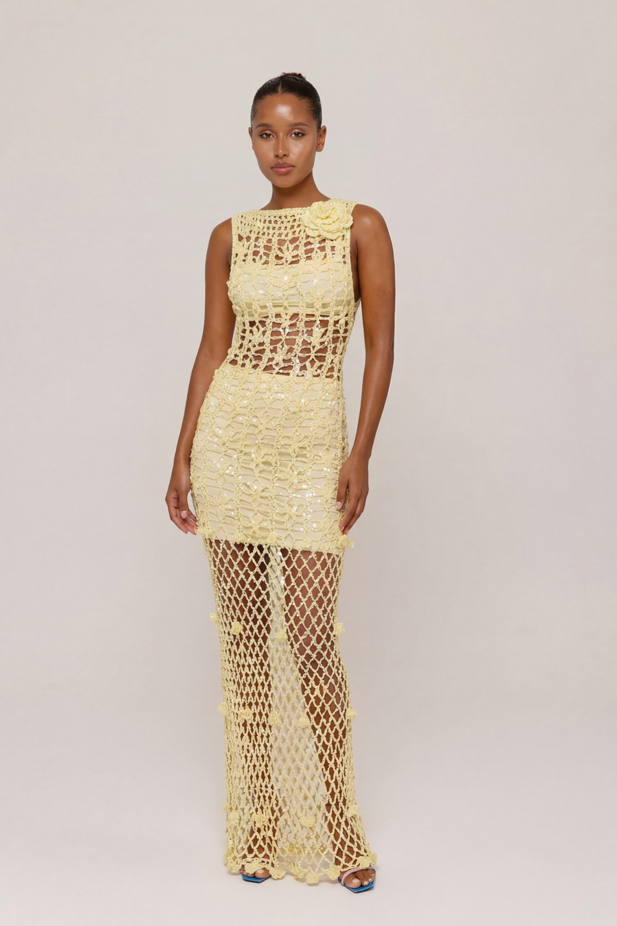 andreeva women's maxi yellow crochet dress