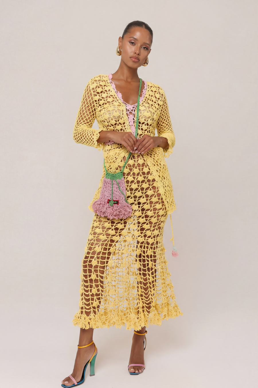 andreeva womens yellow midi crochet skirt