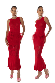 andreeva womens red knit dress with feathers