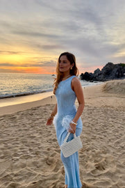 andreeva womens blue knit dress with feathers