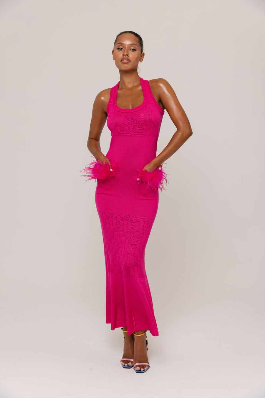 andreeva pink knit dress with feathers