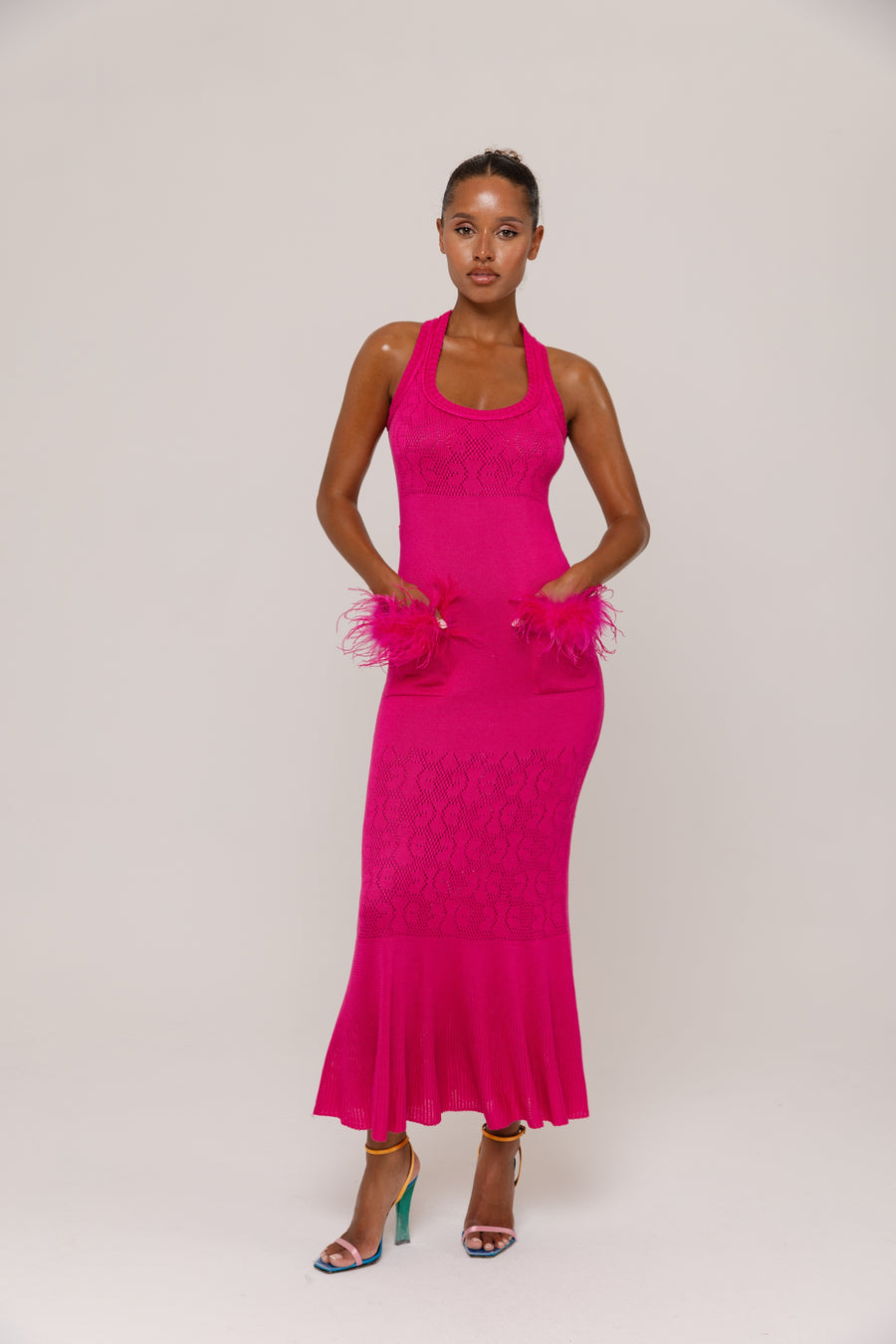 andreeva pink knit dress with feathers