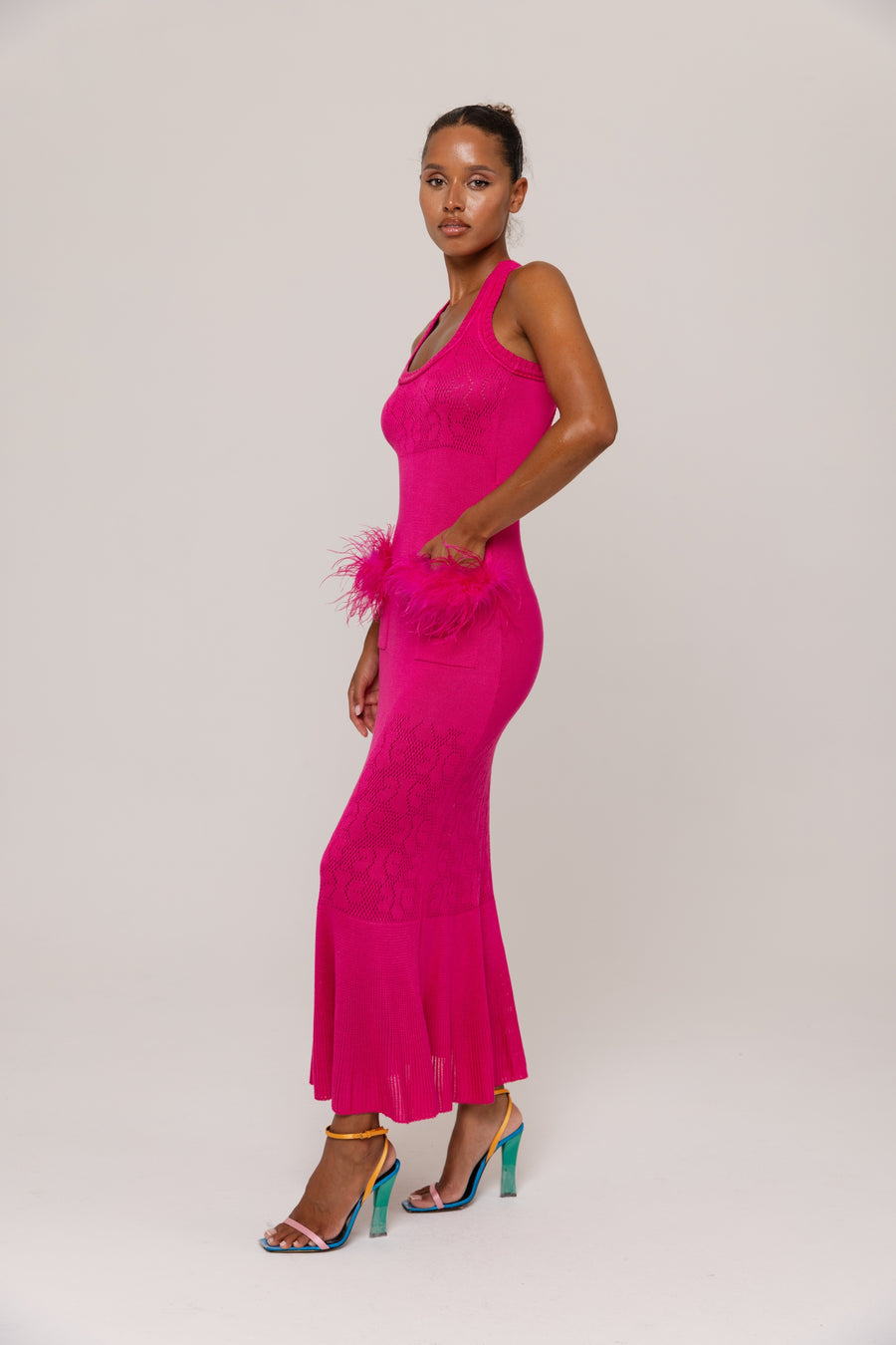 andreeva pink knit dress with feathers