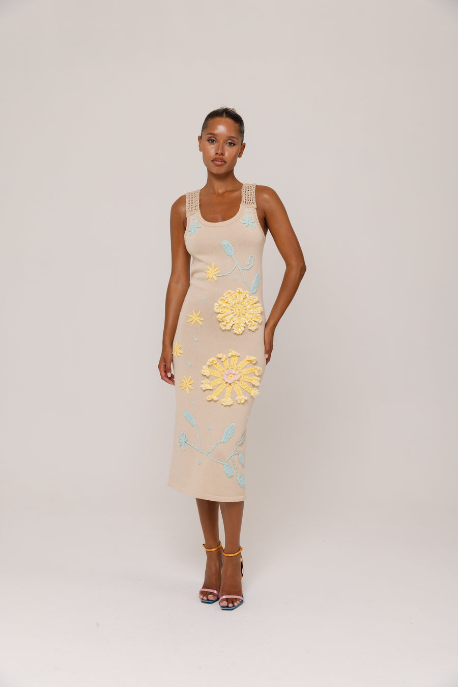 andreeva beige knit midi dress with embroidery