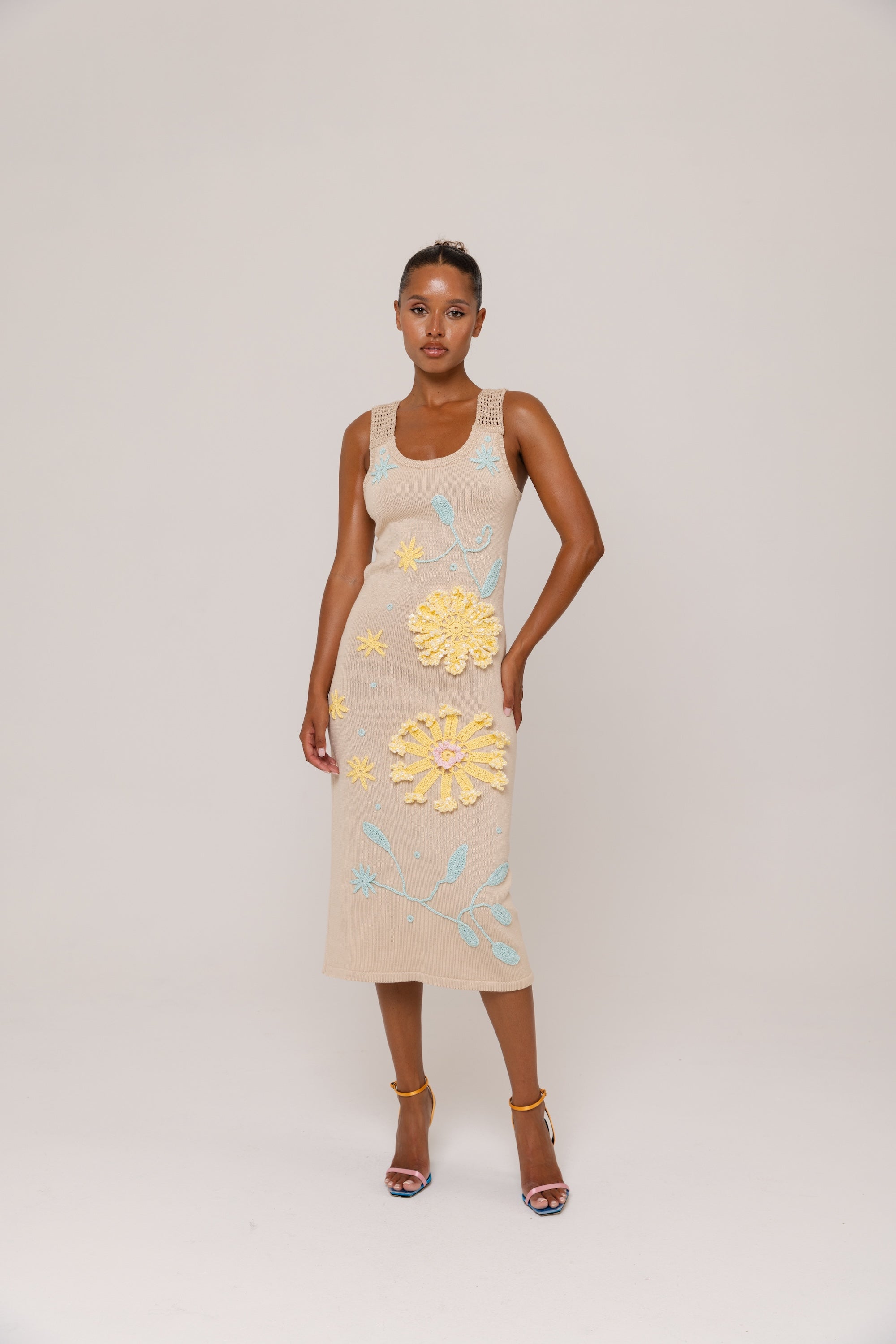 andreeva beige knit midi dress with embroidery