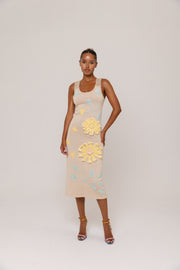 andreeva beige knit midi dress with embroidery