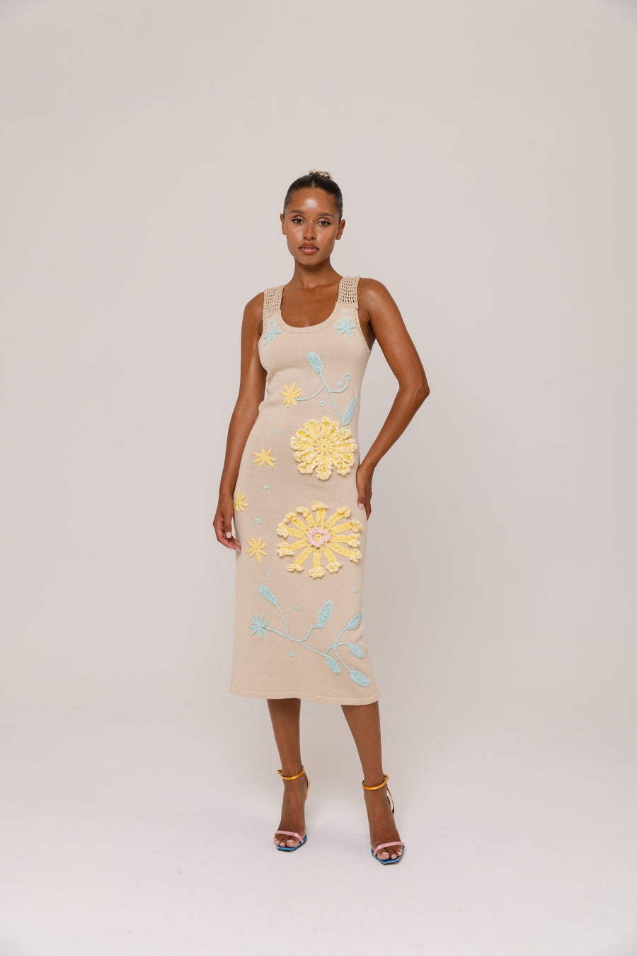 andreeva beige knit midi dress with embroidery