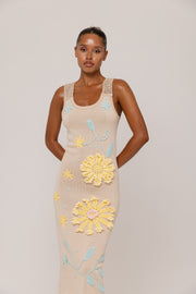 andreeva beige knit midi dress with embroidery
