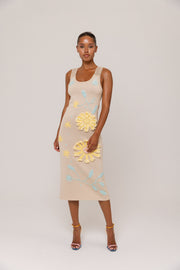 andreeva beige knit midi dress with embroidery