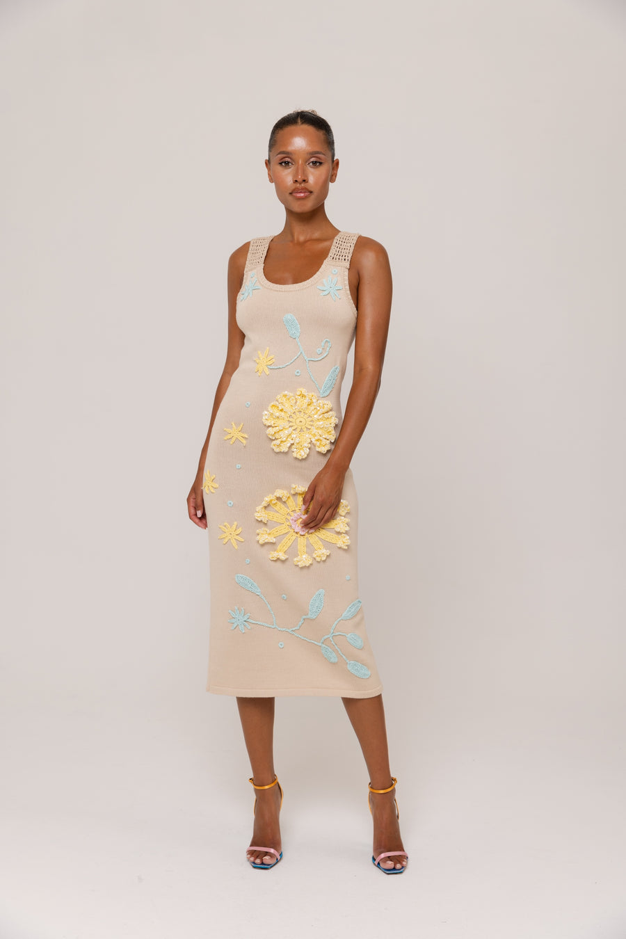 andreeva beige knit midi dress with embroidery