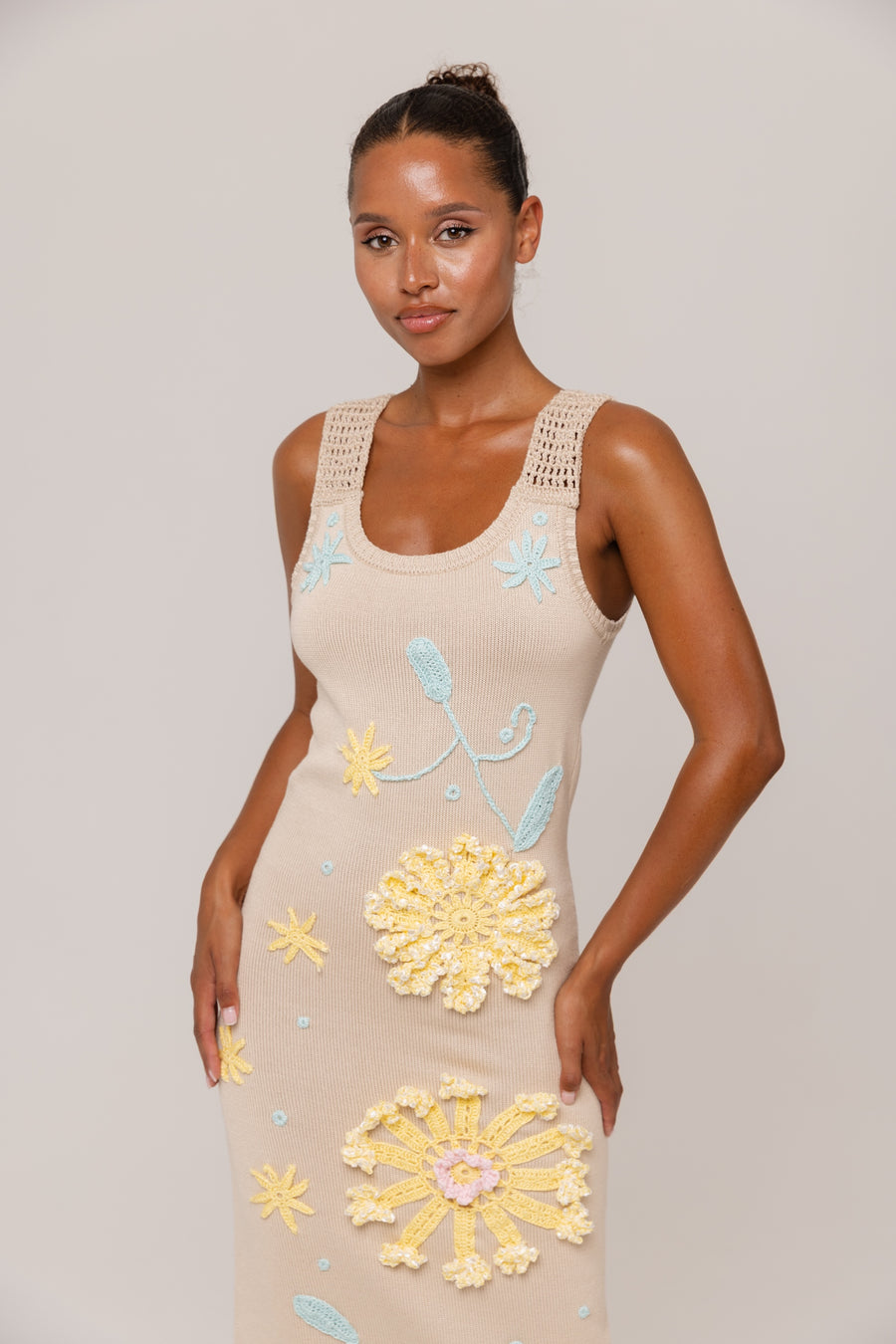 andreeva beige knit midi dress with embroidery