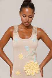 andreeva beige knit midi dress with embroidery