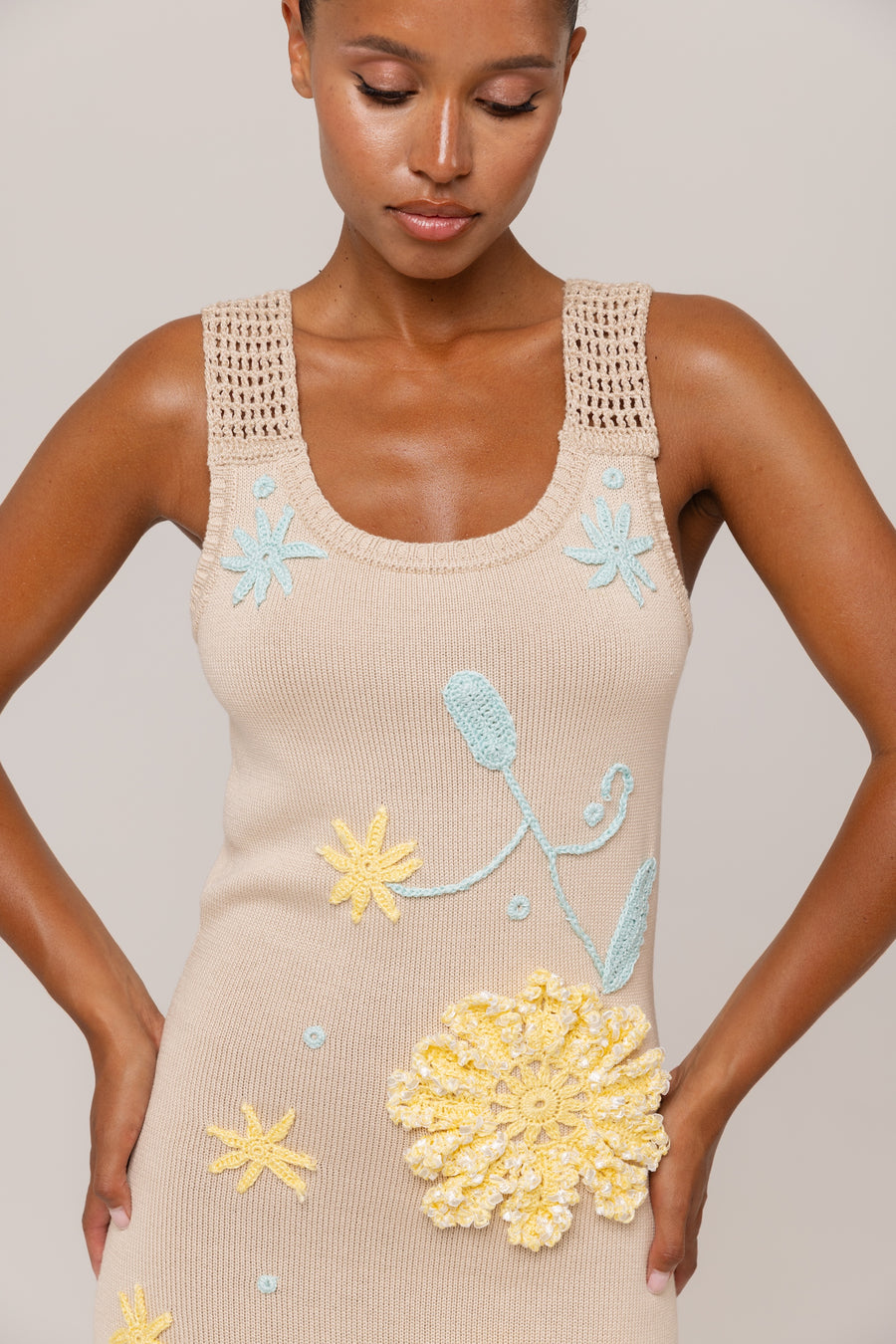 andreeva beige knit midi dress with embroidery