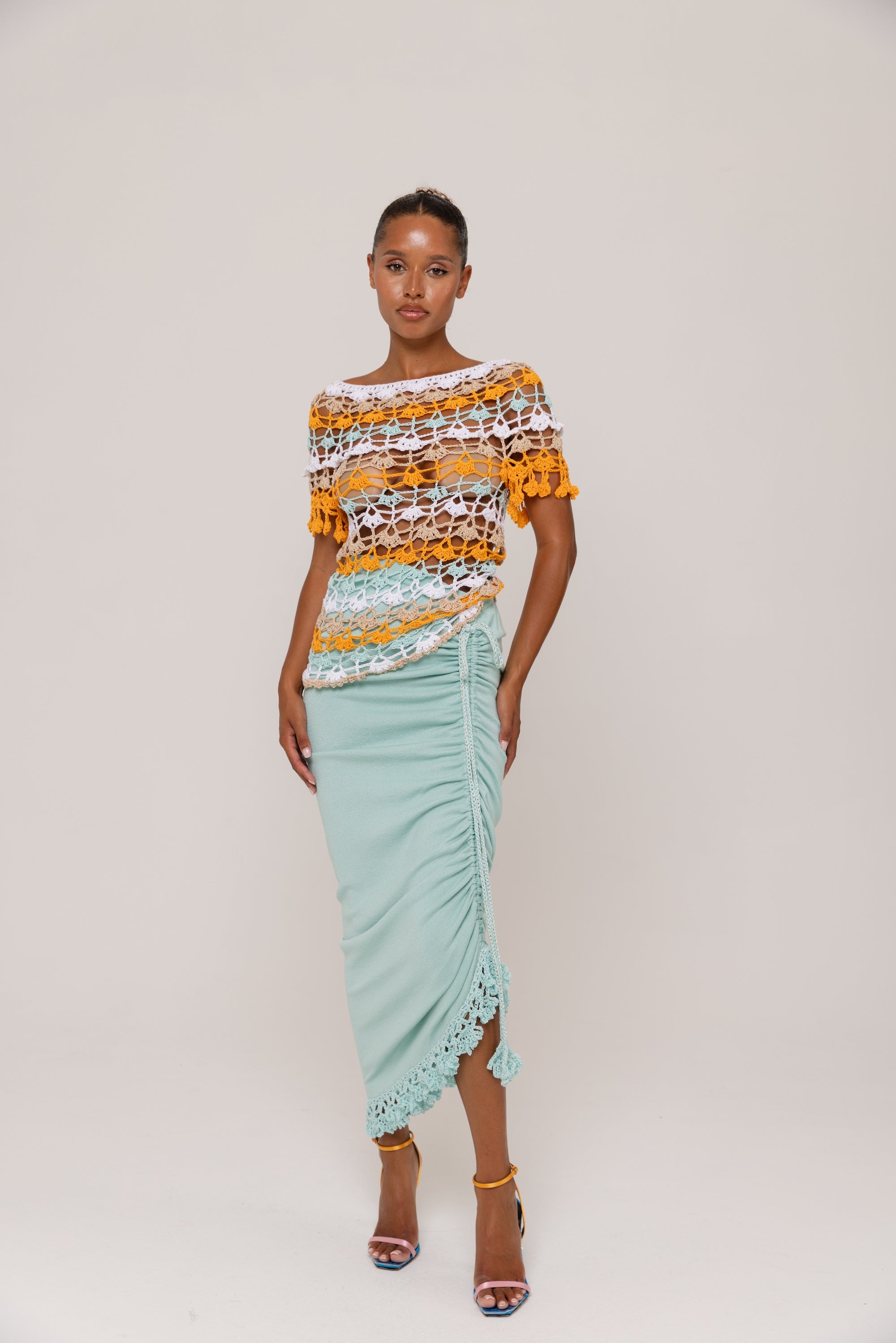 andreeva womens mint knit skirt with embroidery