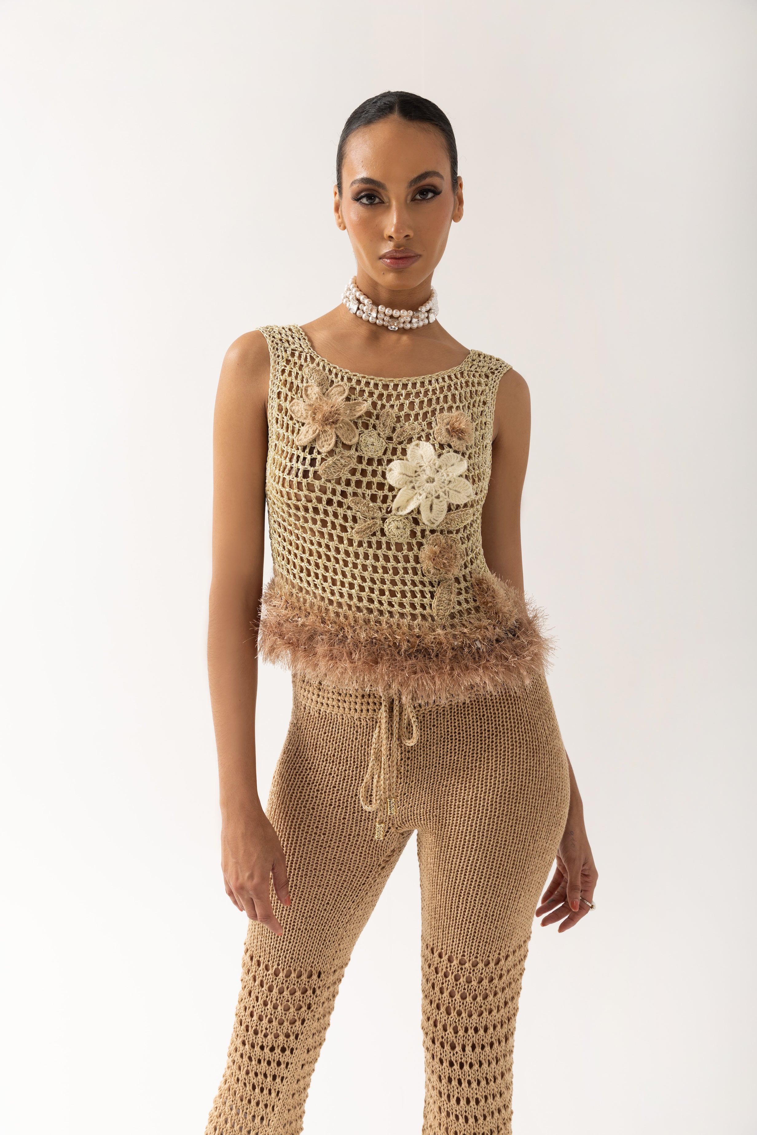 andreeva gold crochet top