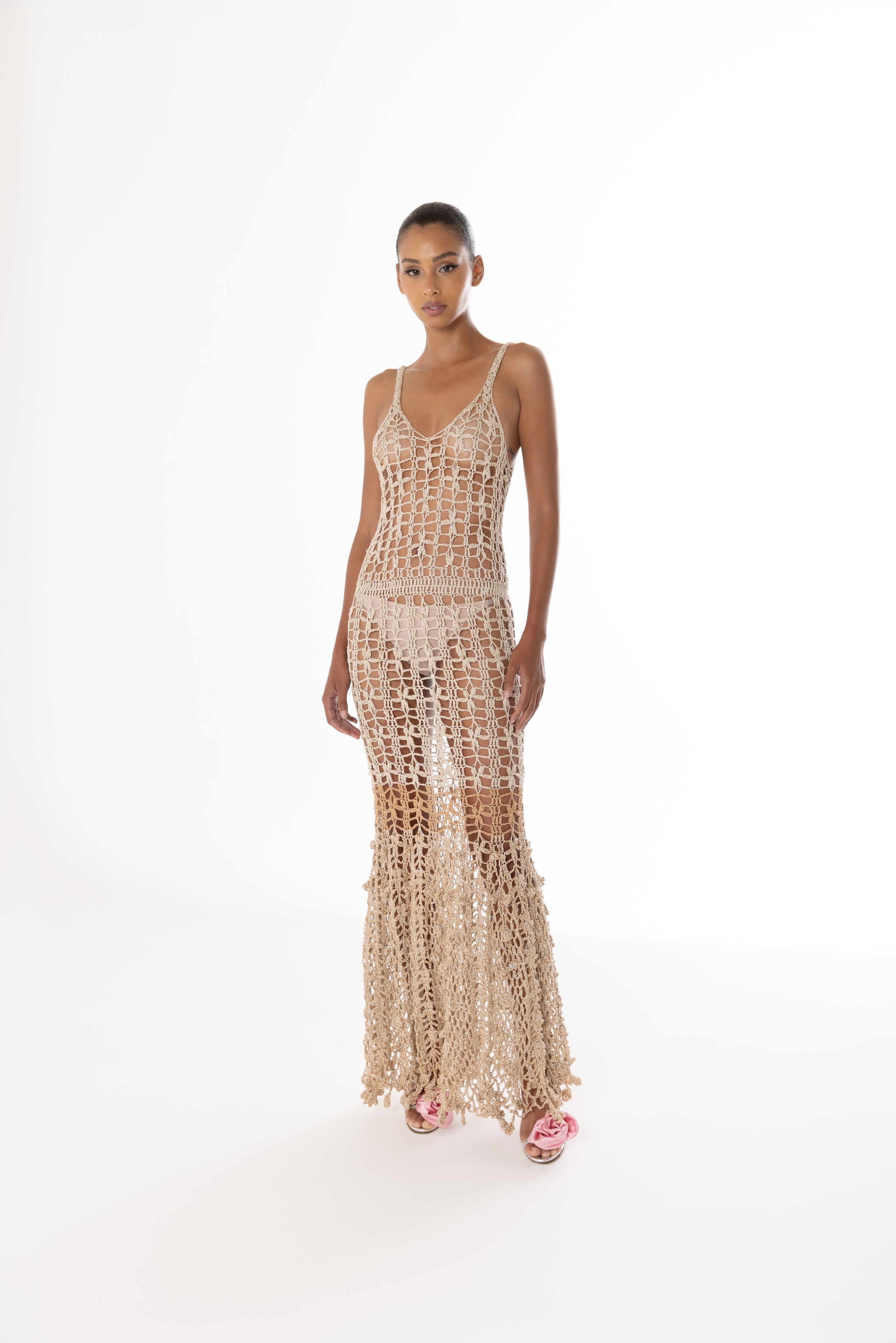 andreeva gold crochet maxi dress