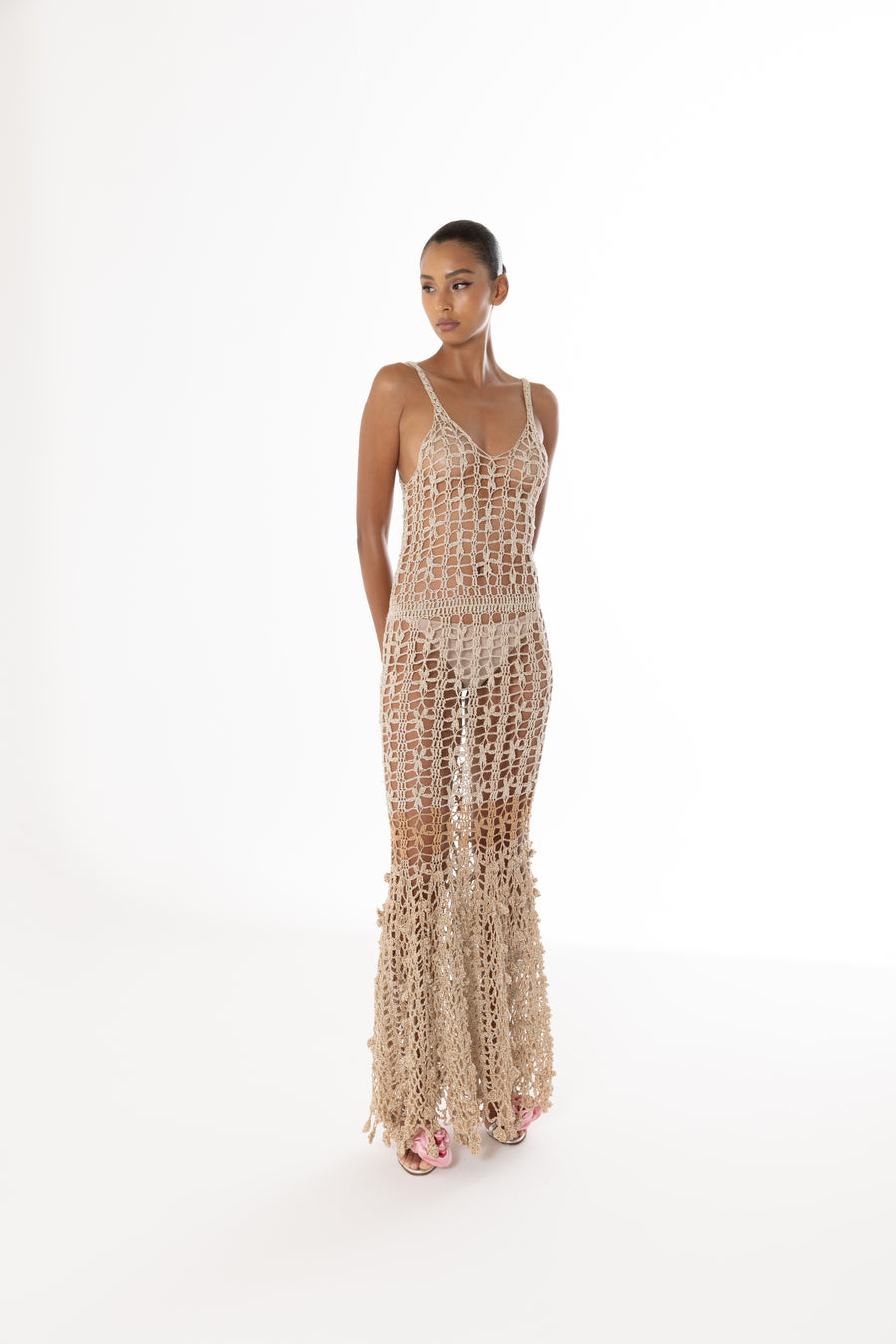 andreeva gold crochet maxi dress