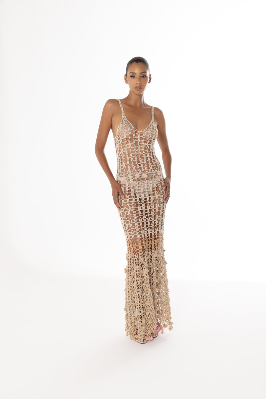 andreeva gold crochet maxi dress