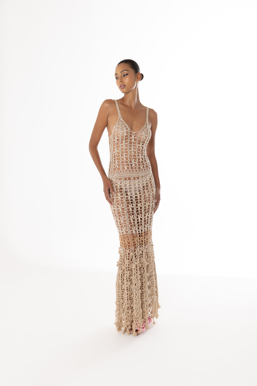 andreeva gold crochet maxi dress