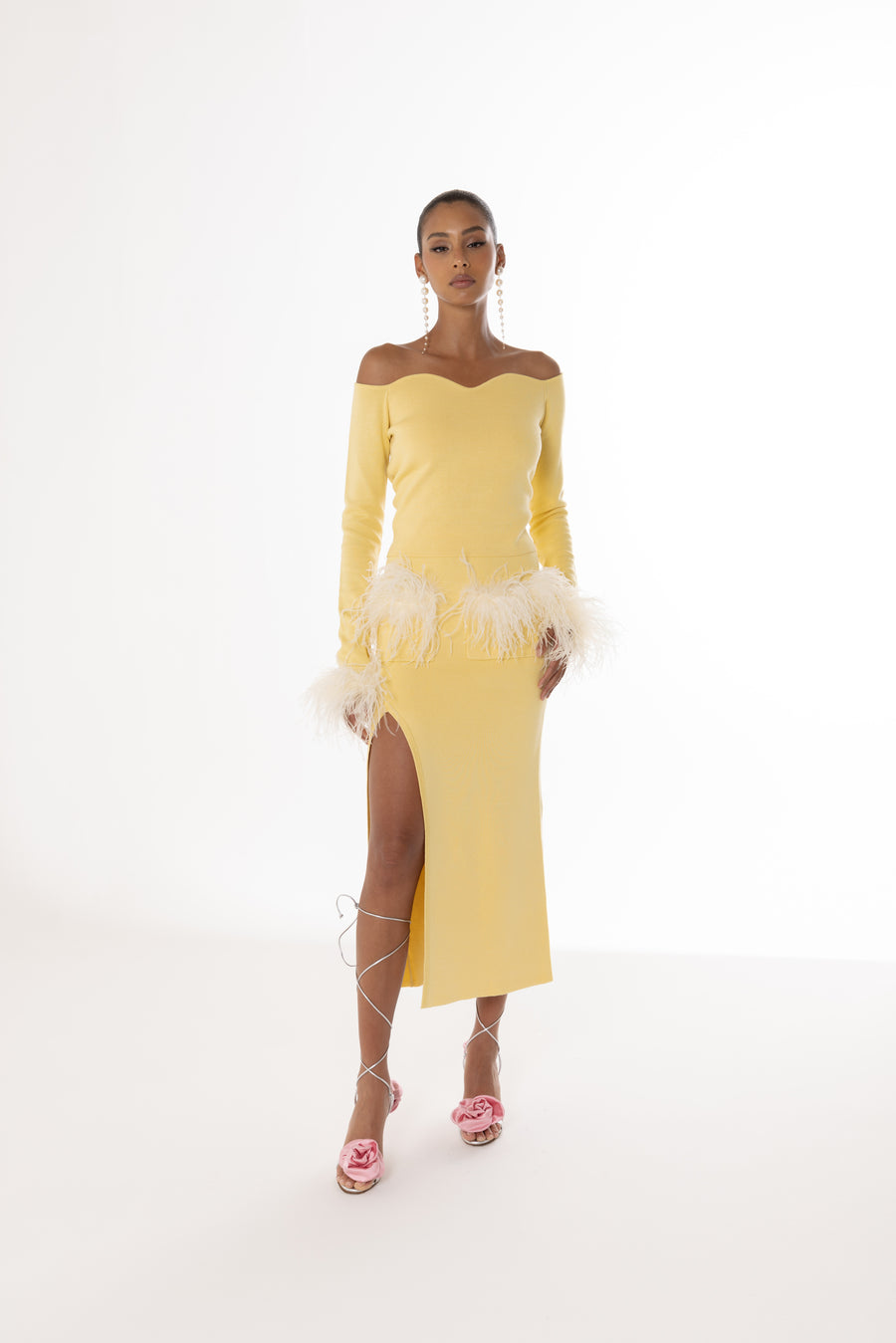 andreeva yellow knit top with feathers