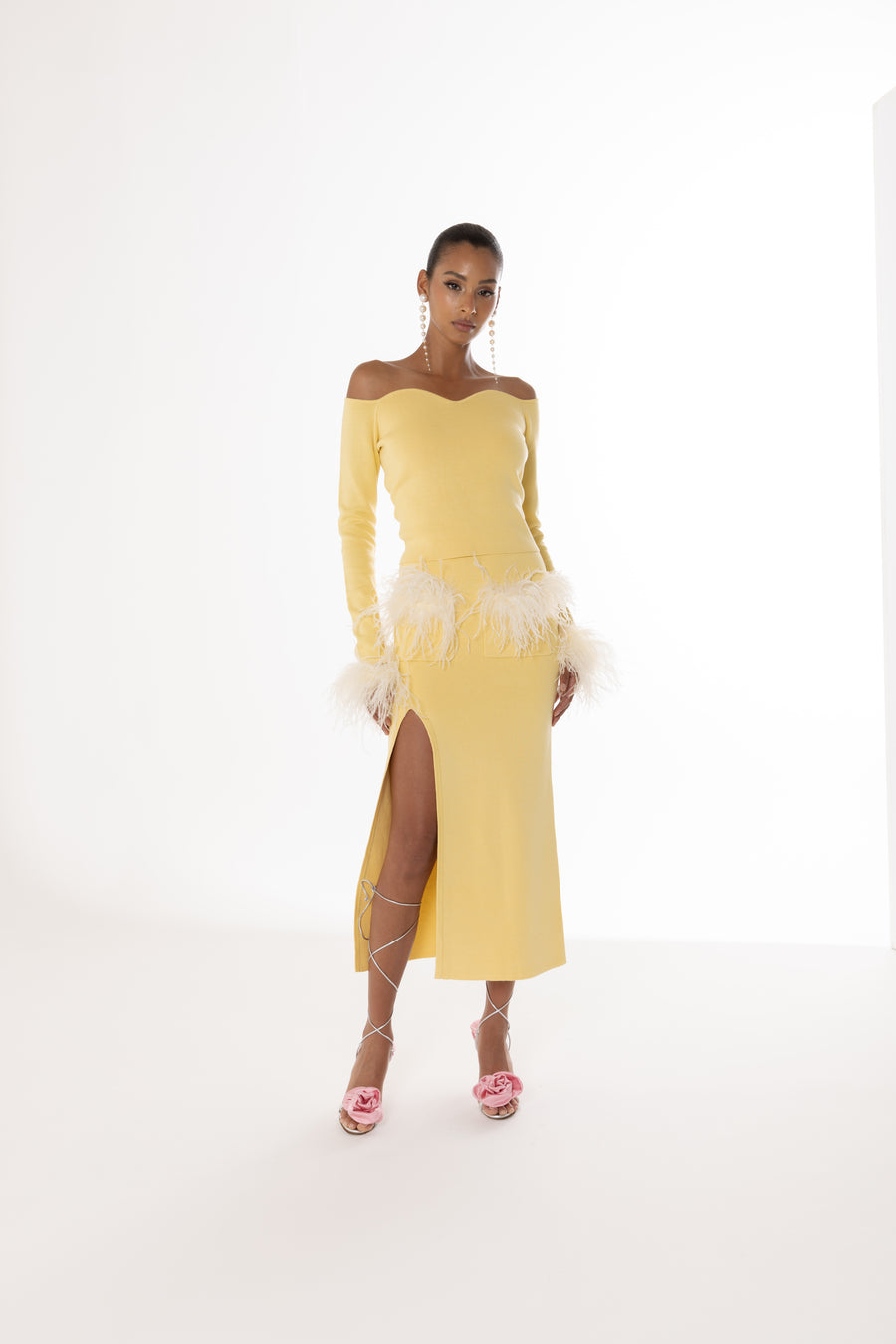 andreeva yellow knit top with feathers