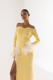 andreeva yellow knit top with feathers