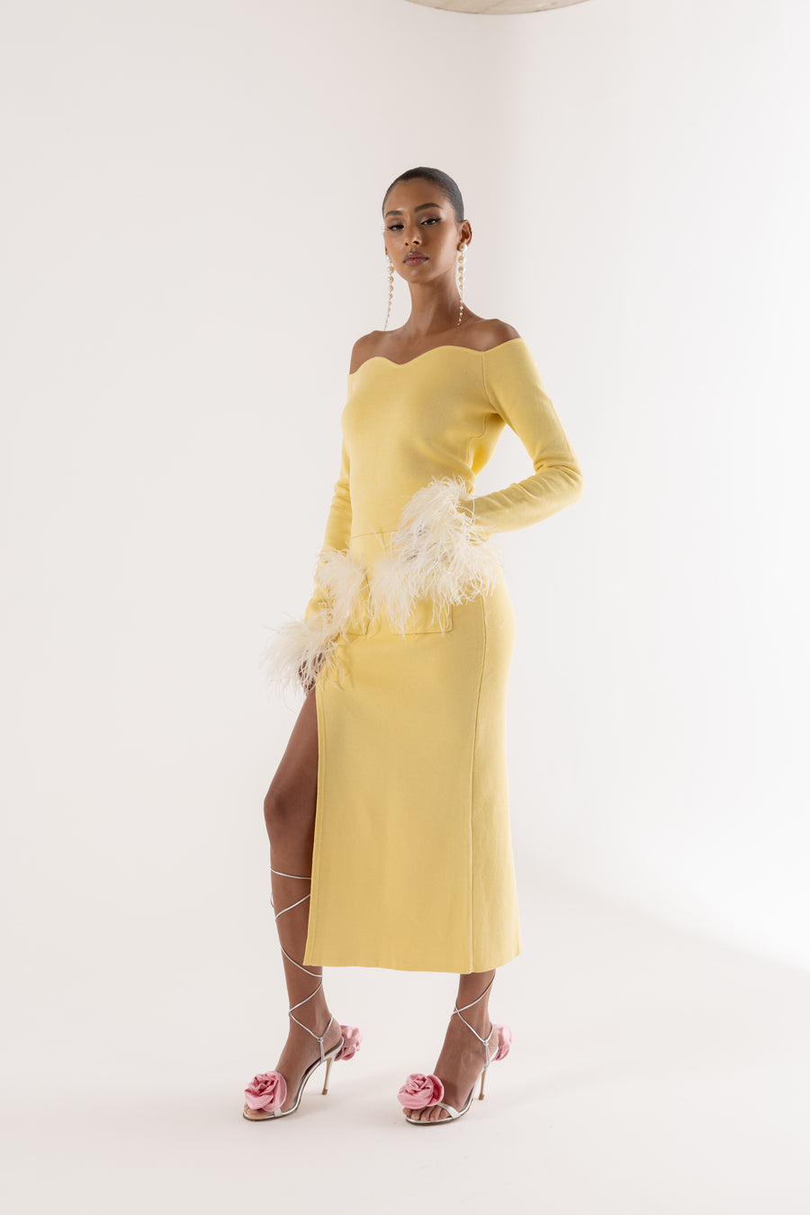 andreeva yellow knit top with feathers