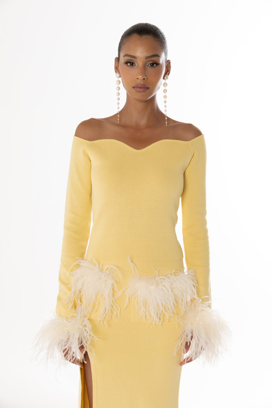 andreeva yellow knit top with feathers