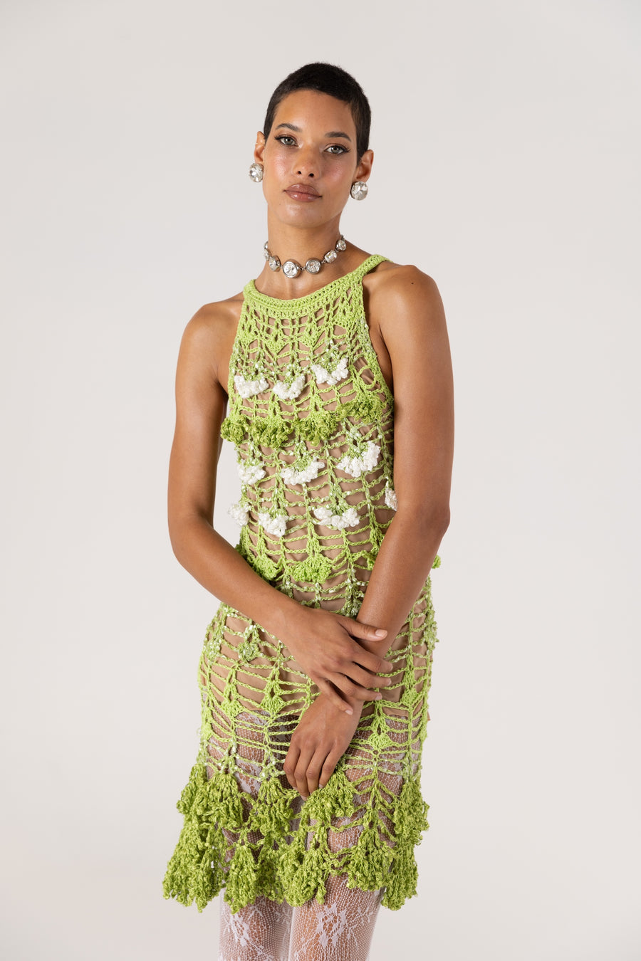 andreeva womens green crochet mini dress