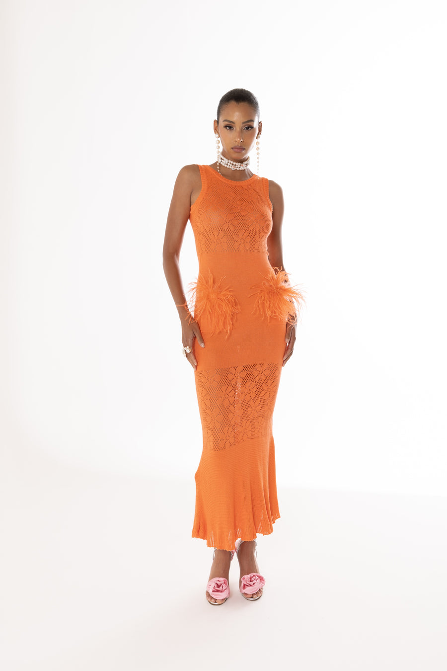 andreeva orange knit dress with feathers