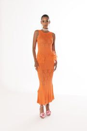 andreeva orange knit dress with feathers