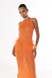 andreeva orange knit dress with feathers